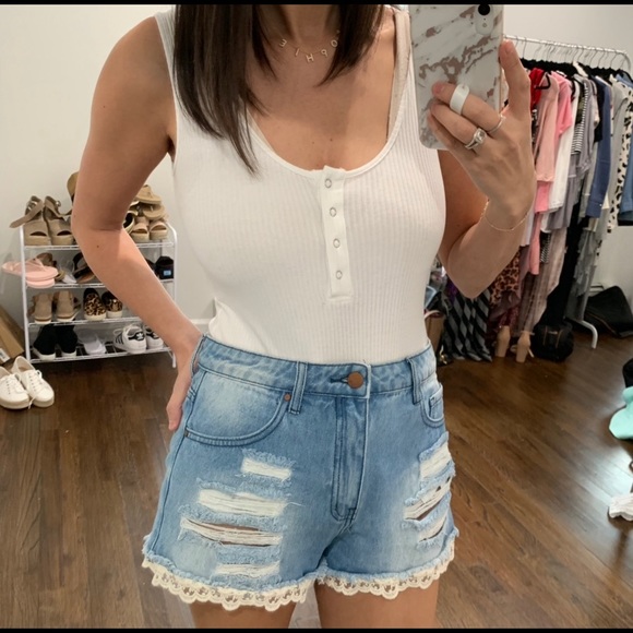 Forever 21 Pants - High Waisted Denim Shorts with Lace